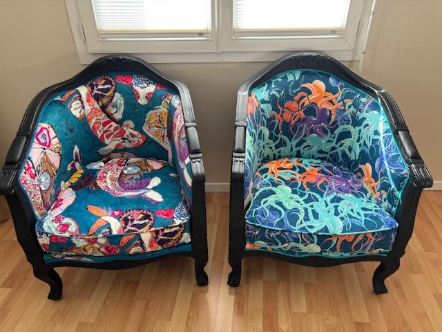 Paire de fauteuils bergère corbeille de style LouisXV_Géraldine Maillot Paire de fauteuils bergère corbeille de style LouisXV_Géraldine Maillot